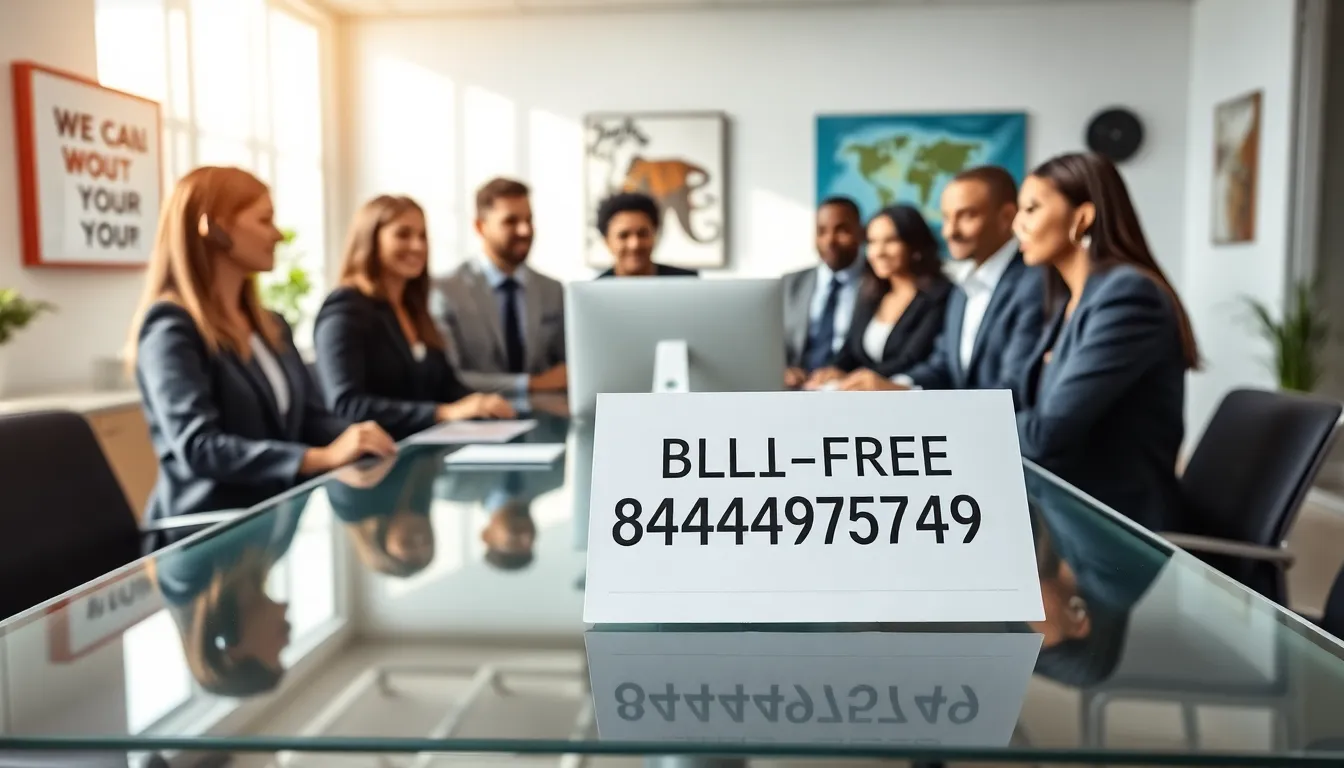 business professionals discussing in a modern office with toll-free number displayed.