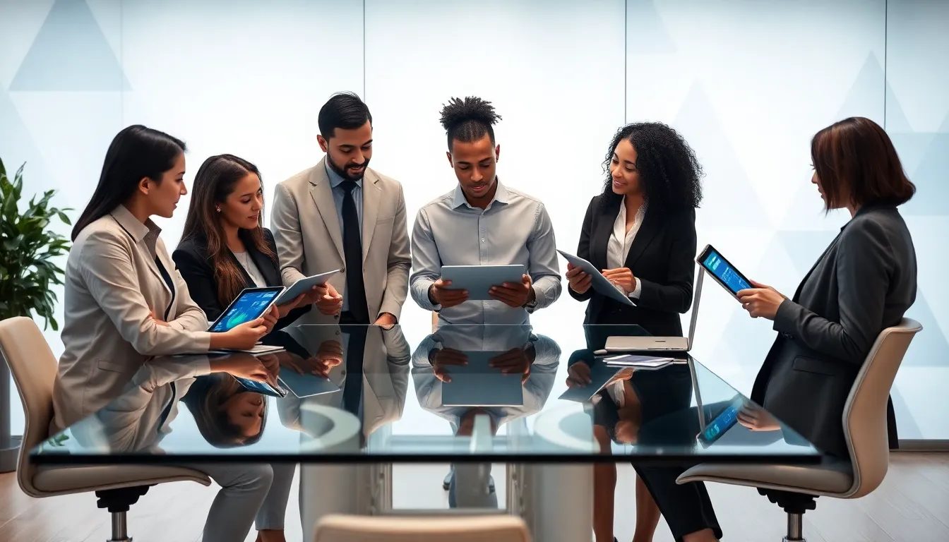 diverse team analyzing data in a modern office setting.